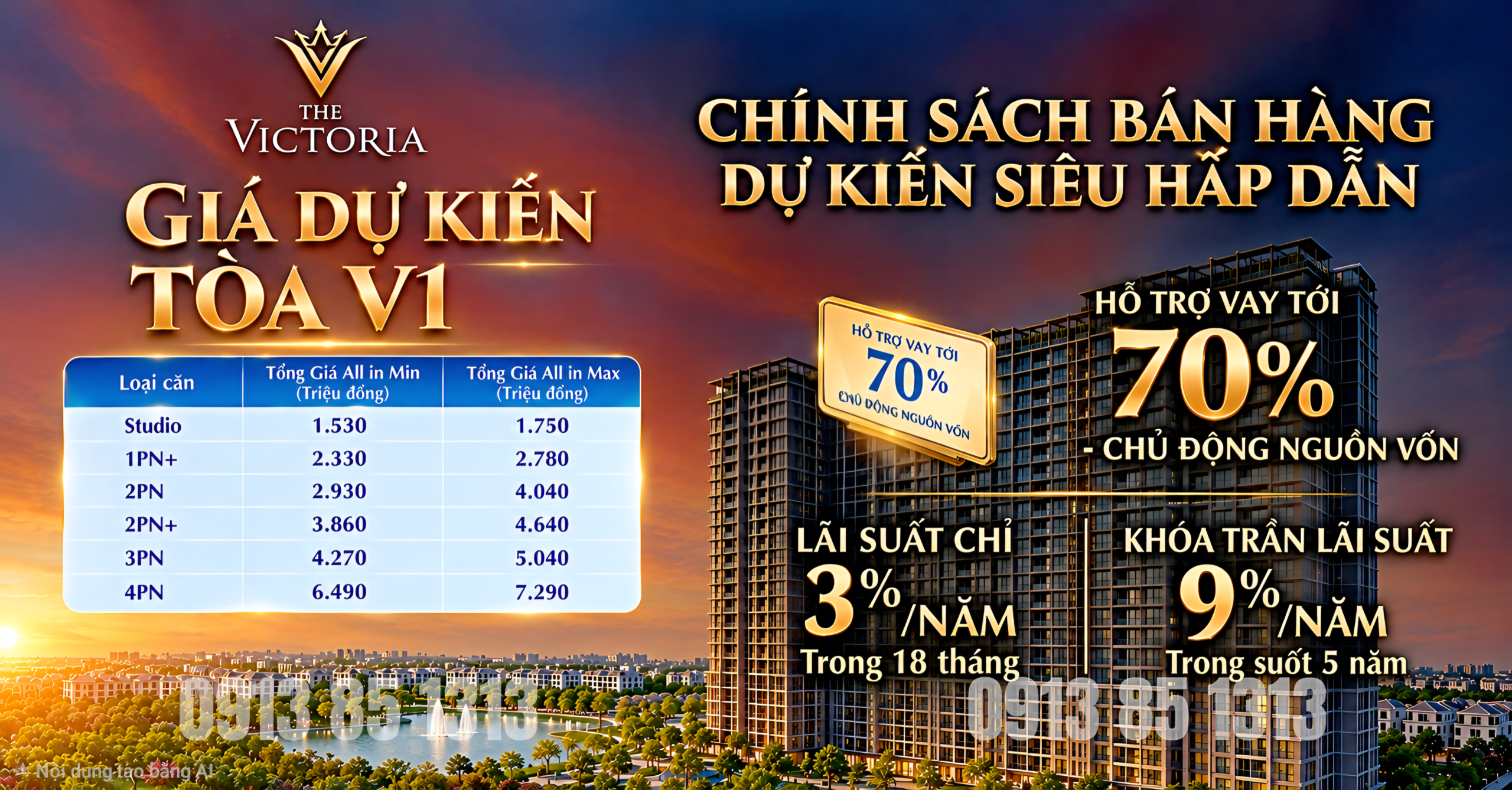 Giá và chính sách bán hàng dự kiến tòa V1 - The Victoria