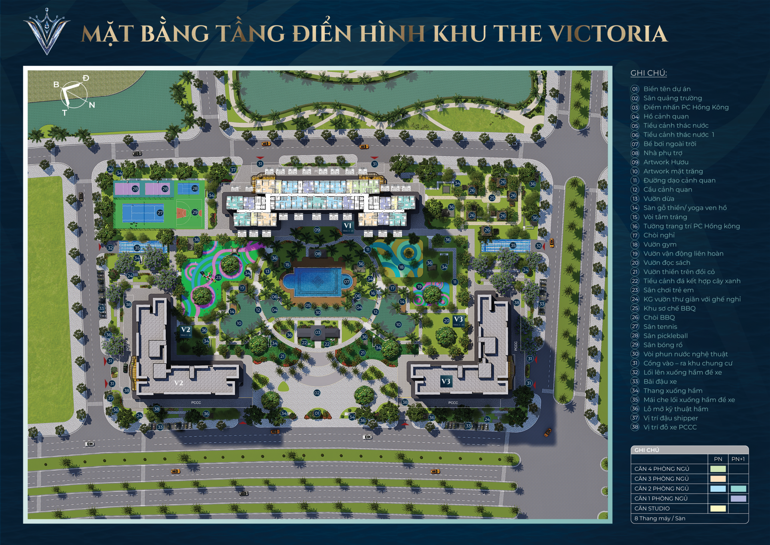 Mặt bằng chi tiết tòa V1 và tiện ích nội khu